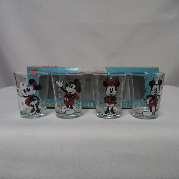 Disney Mickey and Minnie Mouse Shot Glass Set of 4 Christmas Holidays NEW NIB - Picture 1 of 14